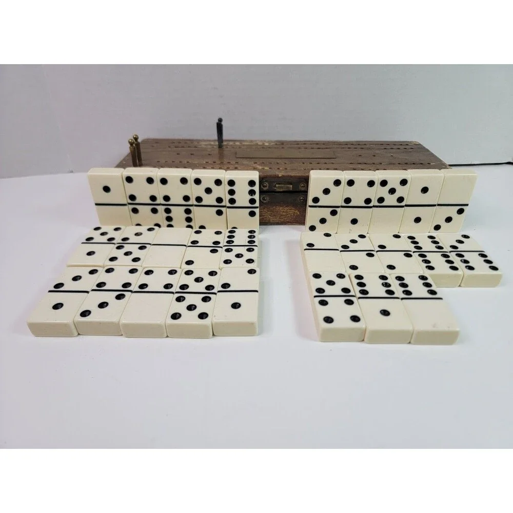 Vintage Wooden Cribbage Board Domino Set w/ Storage Box Pegs 28 Dominoes